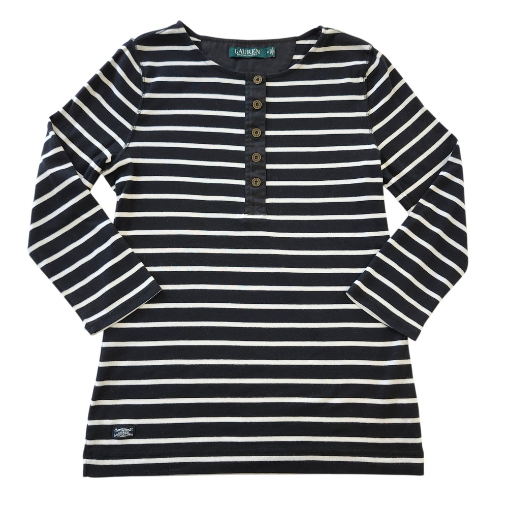 Lauren Ralph Lauren Striped black & white Henley Shirt 3/4 Sleeve Cotton Top
